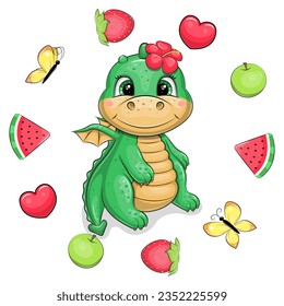 Cute cartoon green dragon with red tropical flower and fruit frame. Summer animal vector illustration with hearts, apples, watermelons, strawberries, butterflies on white background.