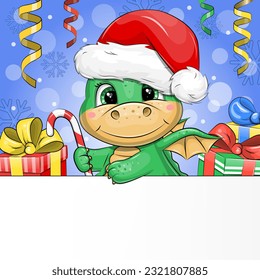 A cute cartoon green dragon in a Santa hat is holding a candy cane. Christmas vector illustration with animal, gifts, candies.