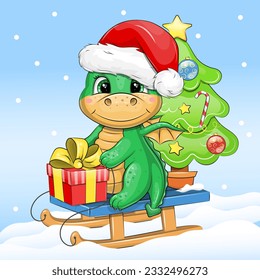 Cute cartoon green dragon in santa hat with red gift and christmas tree on sleigh. New year vector illustration on a blue background with white snow.