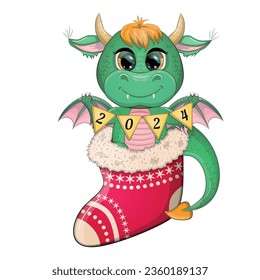 Cute cartoon green dragon in santa hat. 2024 new year, chinese calendar. Gifts, Christmas tree toy, candycane, a cup with an inscription, a New Year stocking for gifts