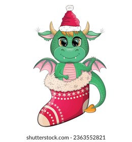 Cute cartoon green dragon in santa hat. 2024 new year, chinese calendar. Gifts, Christmas tree toy, candycane, a cup with an inscription, a New Year stocking for gifts