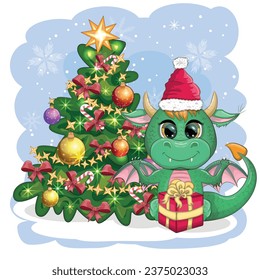 A cute cartoon green dragon in a Santa hat holds a red gift and sits next to the Christmas tree. 2024 new year, chinese calendar