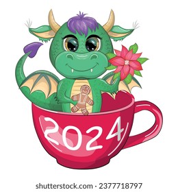 Cuto tira caricatura de dragón verde en sombrero de santa. Año nuevo 2024, calendario chino. Regalos, juguete de árbol de Navidad, candycane, una taza con una inscripción, una reserva de Año Nuevo para regalos