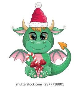 Cute cartoon green dragon in santa hat. 2024 new year, chinese calendar. Gifts, Christmas tree toy, candycane, a cup with an inscription, a New Year stocking for gifts