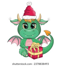 Cute cartoon green dragon in santa hat. 2024 new year, chinese calendar. Gifts, Christmas tree toy, candycane, a cup with an inscription, a New Year stocking for gifts