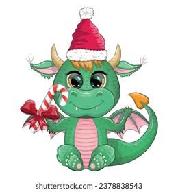 Cute cartoon green dragon in santa hat. 2024 new year, chinese calendar. Gifts, Christmas tree toy, candycane, a cup with an inscription, a New Year stocking for gifts