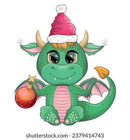 Cute cartoon green dragon in santa hat. 2024 new year, chinese calendar. Gifts, Christmas tree toy, candycane, a cup with an inscription, a New Year stocking for gifts