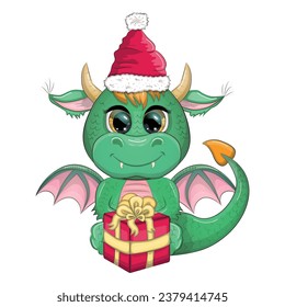 Cute cartoon green dragon in santa hat. 2024 new year, chinese calendar. Gifts, Christmas tree toy, candycane, a cup with an inscription, a New Year stocking for gifts