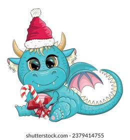 Cute cartoon green dragon in santa hat. 2024 new year, chinese calendar. Gifts, Christmas tree toy, candycane, a cup with an inscription, a New Year stocking for gifts