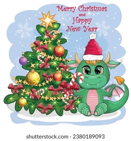 A cute cartoon green dragon in a Santa hat holds a red gift and sits next to the Christmas tree. 2024 new year, chinese calendar