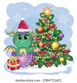 A cute cartoon green dragon in a Santa hat holds a red gift and sits next to the Christmas tree. 2024 new year, chinese calendar