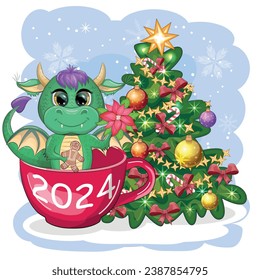 A cute cartoon green dragon in a Santa hat holds a red gift and sits next to the Christmas tree. 2024 new year, chinese calendar