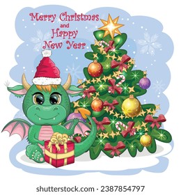 A cute cartoon green dragon in a Santa hat holds a red gift and sits next to the Christmas tree. 2024 new year, chinese calendar