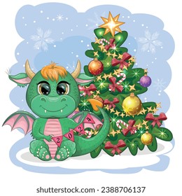 A cute cartoon green dragon in a Santa hat holds a red gift and sits next to the Christmas tree. 2024 new year, chinese calendar