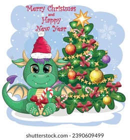A cute cartoon green dragon in a Santa hat holds a red gift and sits next to the Christmas tree. 2024 new year, chinese calendar