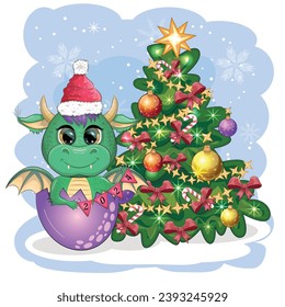 A cute cartoon green dragon in a Santa hat holds a red gift and sits next to the Christmas tree. 2024 new year, chinese calendar