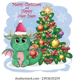 A cute cartoon green dragon in a Santa hat holds a red gift and sits next to the Christmas tree. 2024 new year, chinese calendar