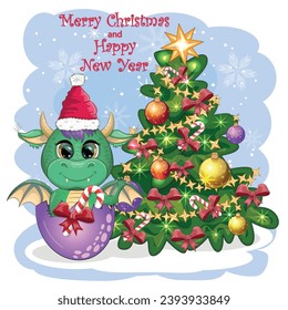 A cute cartoon green dragon in a Santa hat holds a red gift and sits next to the Christmas tree. 2024 new year, chinese calendar