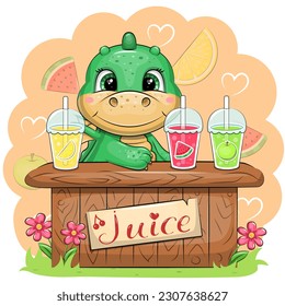 Cute cartoon green dragon sells juice. Vector illustration of an animal on an orange background.