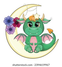 A cute cartoon green dragon sits on the moon. Year 2024 Chinese calendar