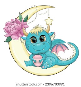 A cute cartoon green dragon sits on the moon. Year 2024 Chinese calendar