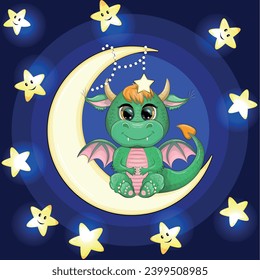 A cute cartoon green dragon sits on the moon. Animal on a dark blue background with clouds and stars. Year 2024 Chinese calendar.