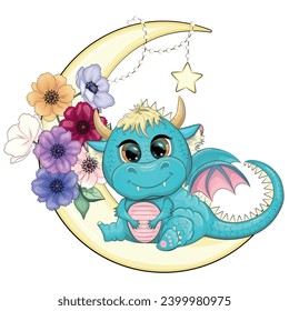 A cute cartoon green dragon sits on the moon. Year 2024 Chinese calendar