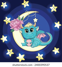 A cute cartoon green dragon sits on the moon. Animal on a dark blue background with clouds and stars. Year 2024 Chinese calendar.