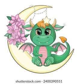 A cute cartoon green dragon sits on the moon. Year 2024 Chinese calendar