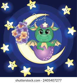 A cute cartoon green dragon sits on the moon. Animal on a dark blue background with clouds and stars. Year 2024 Chinese calendar.