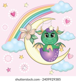 A cute cartoon green dragon sits on the moon. Animal on a dark blue background with clouds and stars. Year 2024 Chinese calendar.