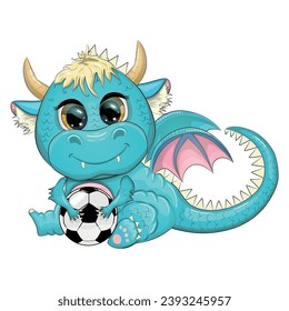 Cute cartoon green dragon and soccer ball, game. Symbol of 2024 according to the Chinese calendar