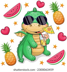 Cute cartoon green dragon with sunglasses and lemonade. Summer animal vector illustration with fruits, hearts and stars on a white background.