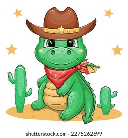Cute cartoon green dragon wearing cowboy brown hat and red scarf. Wild west vector illustration of a animal with cactuses on a white background with stars.