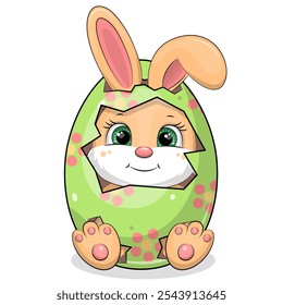 Cute cartoon green Easter egg with a bunny. Holiday vector illustration of animal on a white background.