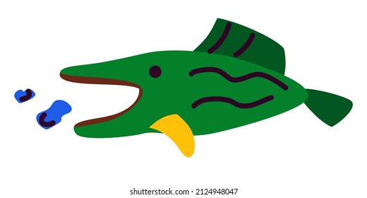 Cute cartoon green fish. The fish swims, opened its mouth, swallows water bulbs. Sea underwater animal. Fish abstract character. Vector illustration isolated on white background