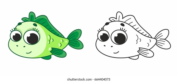 Cute cartoon green fish. Vector illustration for kids. Illustration with black outline