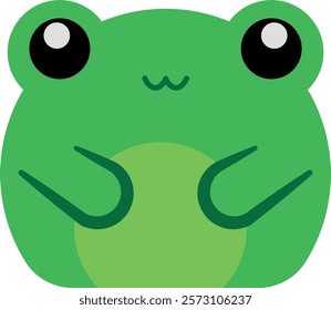 Cute cartoon green frog with big eyes and a small smile, simple and adorable design, perfect for children's illustrations or playful designs.