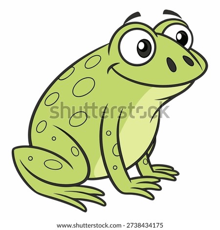 Cute cartoon green frog character sitting and smiling. Friendly toad ,amphibian vector illustration isolated on white background. Suitable for children's books, sticker, mascot, logo.