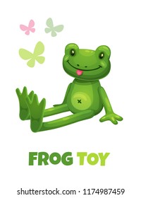 Cute Cartoon Green Frog Stuffed Toy. Vector Baby Plush Toy Icon. Isolated On White Background.