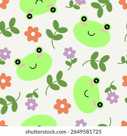 Cute cartoon of green frog and tropical flower seamless pattern vector background. Animal textile design for fabric print, kids wallpaper, cute design, wallpaper, gift wrap paper.