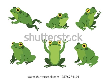 Cute cartoon green frogs in various poses on a white background, perfect for children's books, nature themes, or playful designs.