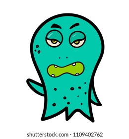 Cute cartoon green frowning, angry monster is screaming. Vector octopus character. Halloween design for print, stickers, t-shirt, illustration, logo, emblem or any other things like books, 	
clothes 