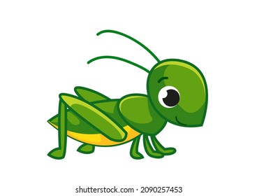 Un saltamontes verde de dibujos animados. El críquet sonríe. Pequeño insecto en movimiento. Un insecto alegre. Ilustración vectorial plana de color de una mascota linda aislada sobre fondo blanco.