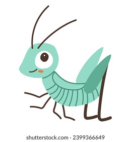 Cute cartoon green grasshopper on a white background. Cute  character for childish design. Flat vector illustration.