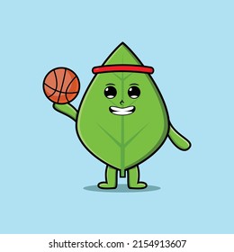 Cute cartoon green leaf character playing basketball