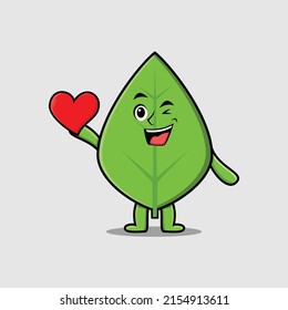 Cute cartoon green leaf character holding big red heart in modern style design