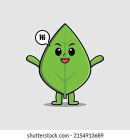 Cute cartoon green leaf character with happy expression in modern style design