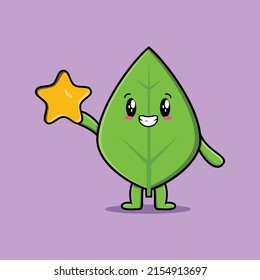 Personaje de dibujos animados de hoja verde sostiene una gran estrella dorada con un diseño de estilo moderno y bonito