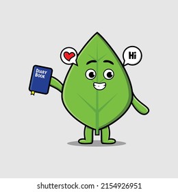 Cute cartoon green leaf character holding diary book with happy expression in concept cartoon style